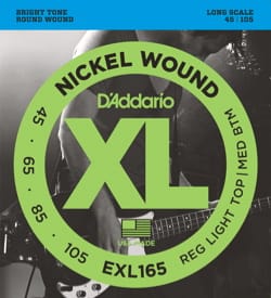 Jeu de cordes D'Addario en nickel pour Guitare basse EXL165, Custom Light, 45-10