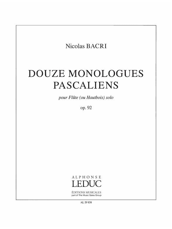 12 Monologues Pascaliens Opus 92 - Nicolas Bacri - Partition