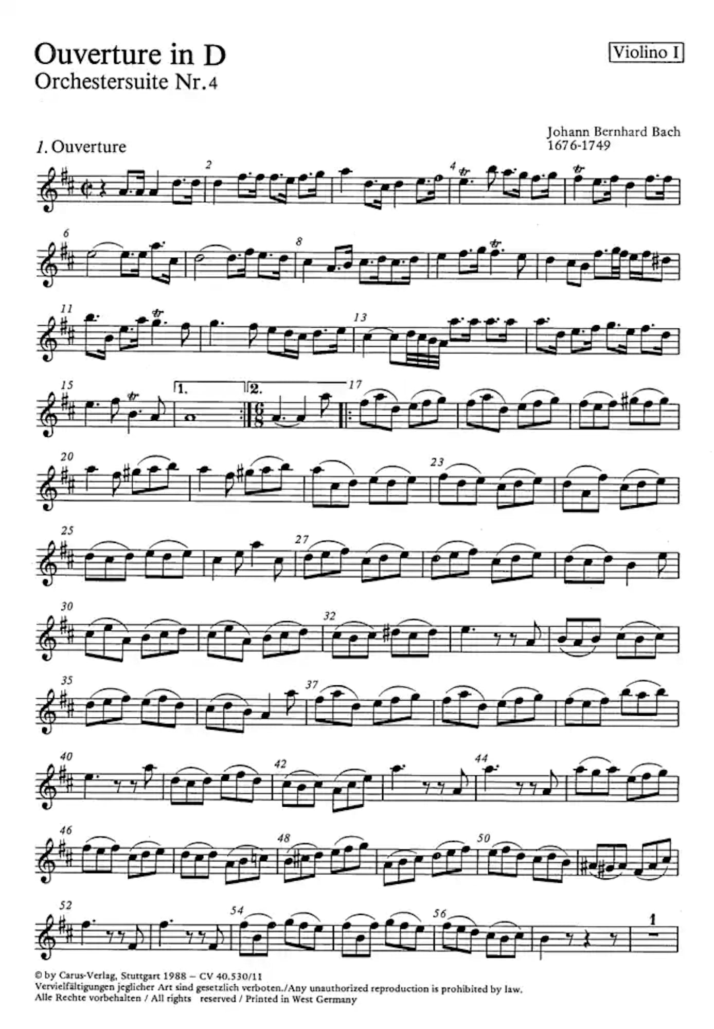 Orchestersuite Nr. 4 in D - Johann Bernhard Bach - Partition