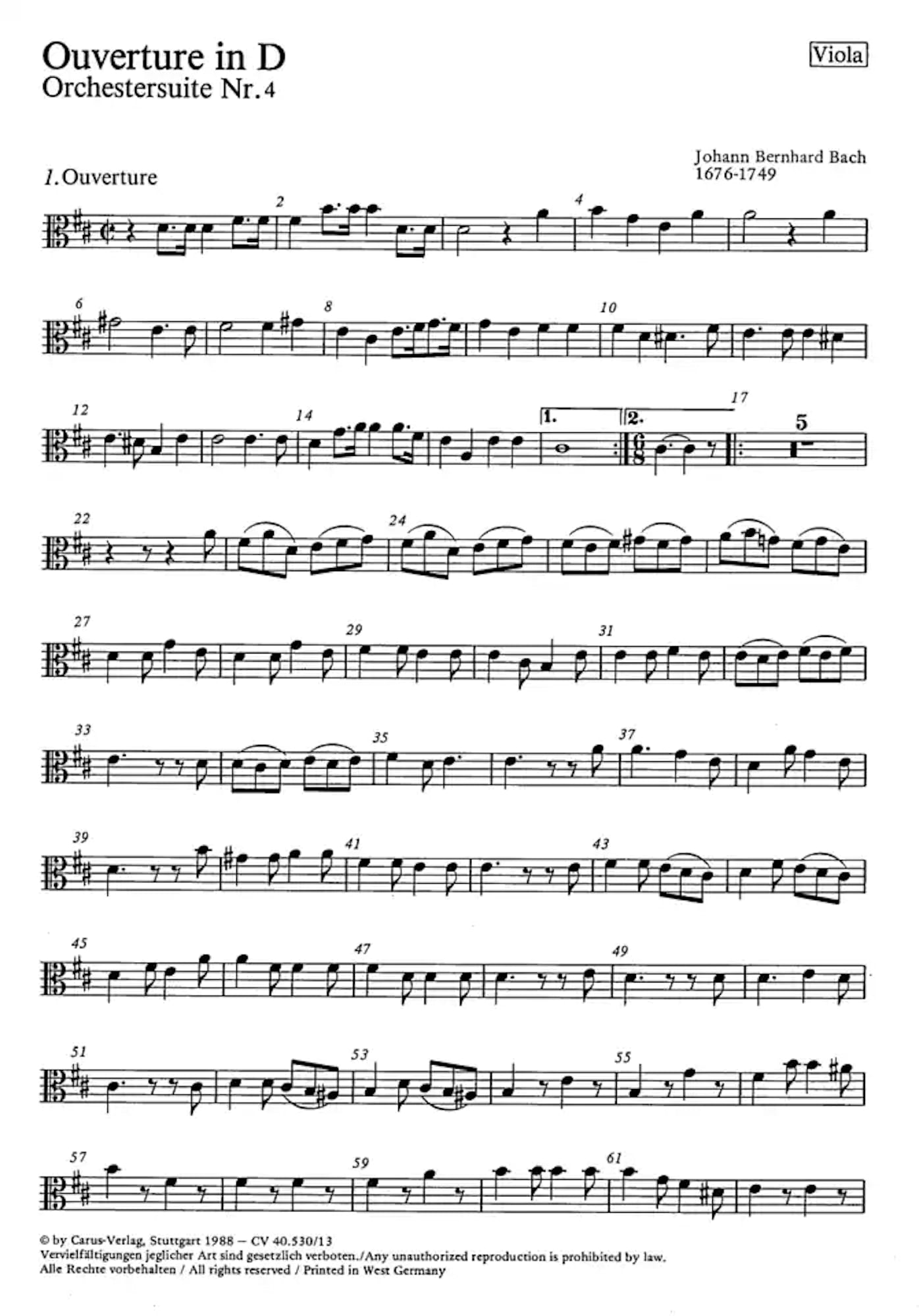 Orchestersuite Nr. 4 in D - Johann Bernhard Bach - Partition