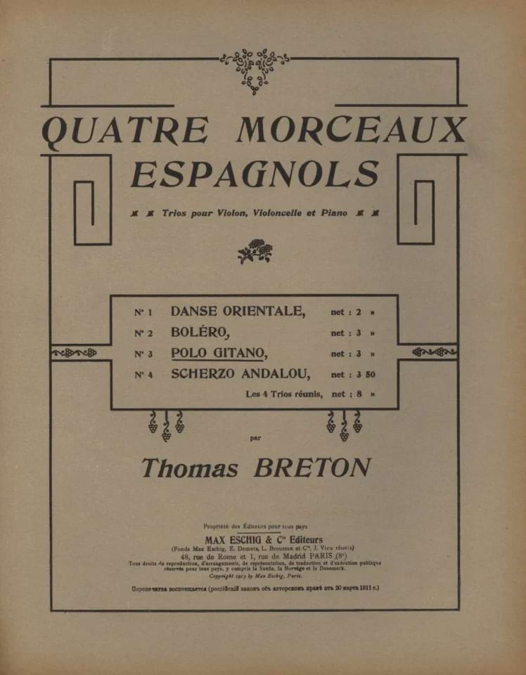 Polo Gitano n° 3 des 4 Morceaux espagnols Tomas Breton Partition Trios