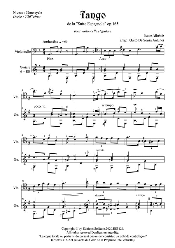 Tango opus 165, n°2 - Violoncelle et Guitare ALBENIZ Partition Duos