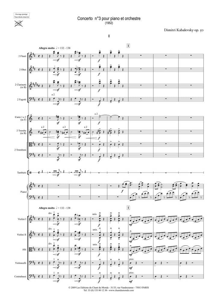 Concerto pour piano et orchestre n°3 Kabalevsky Dmitri Partition