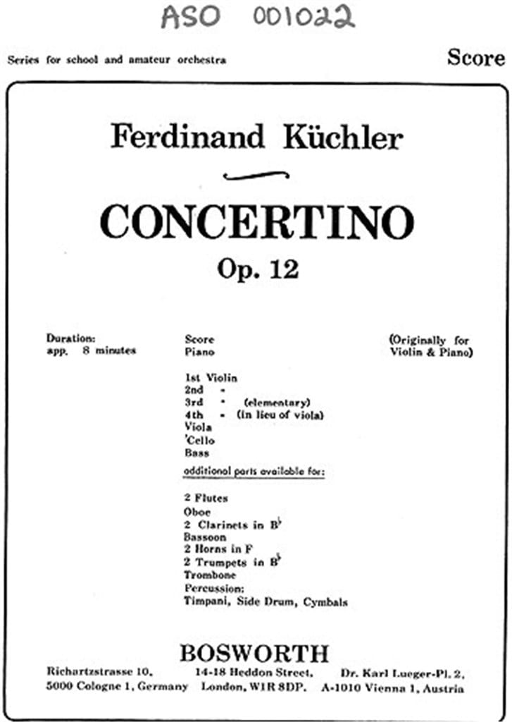 Concertino In D Op.12 (Orch. Cordes) Küchler Ferdinand Partition