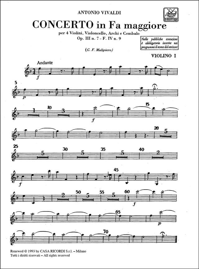 Concerto op 3 n° 7 F. 4 N° 9 - matériel VIVALDI Partition