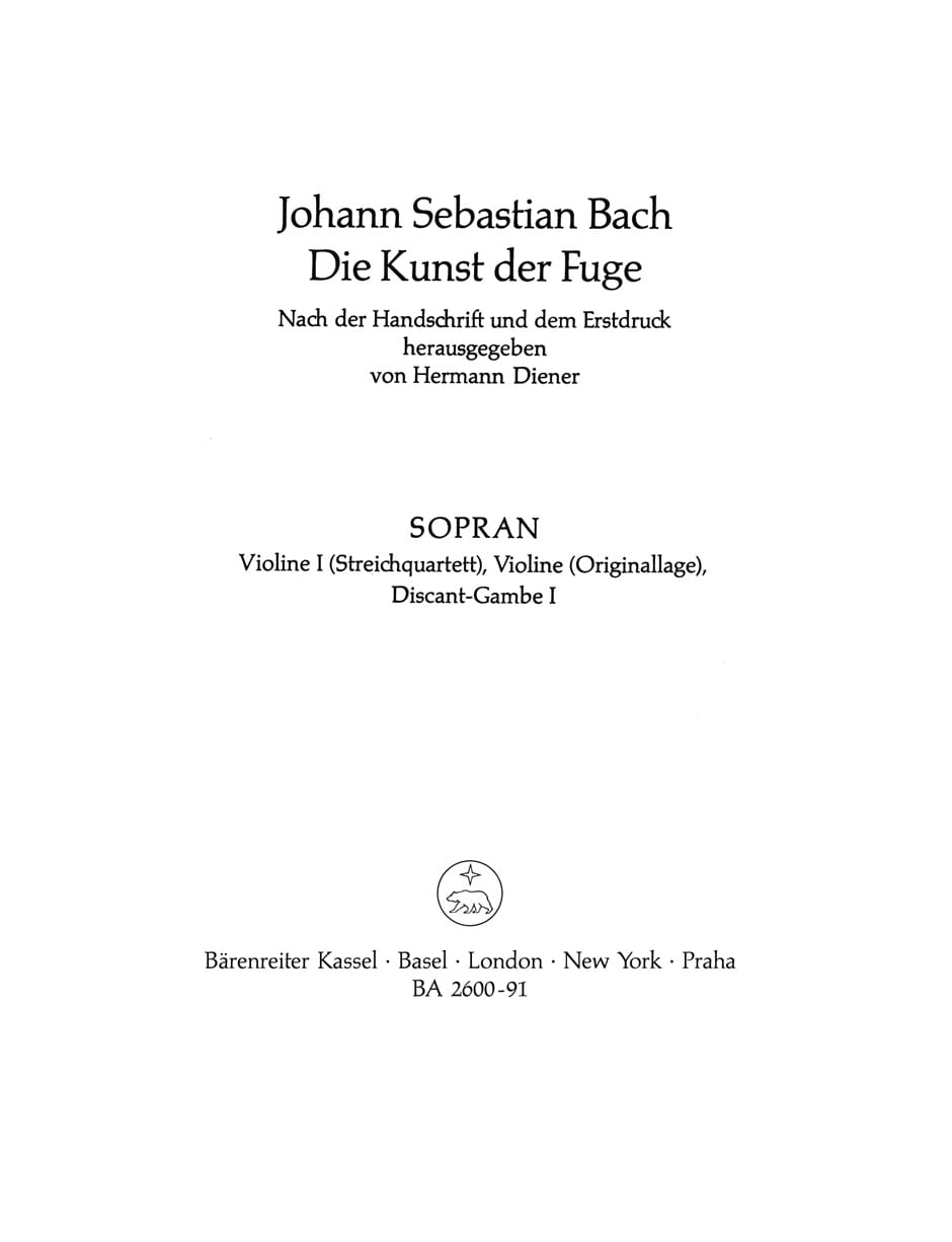 The Art of Fugue BWV 1080 -Violin I part (version for string quartet), descant g