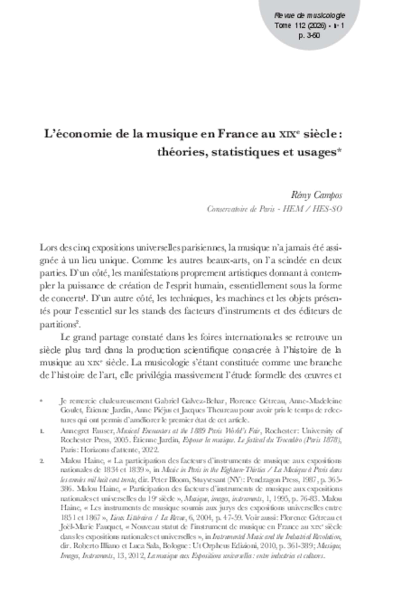 Revue de musicologie tome 112, n° 1, 2026 Revue Livre Les Sciences
