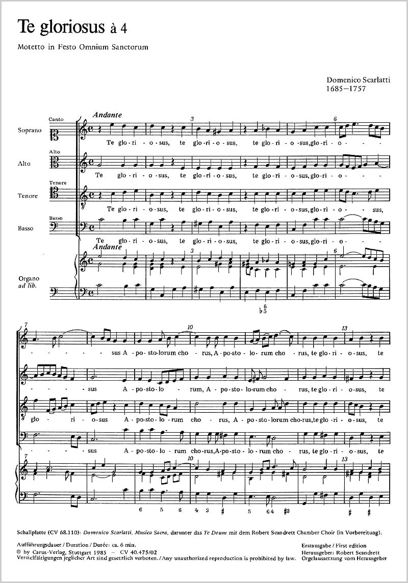 Te gloriosus à 4 SCARLATTI Partition Chœur