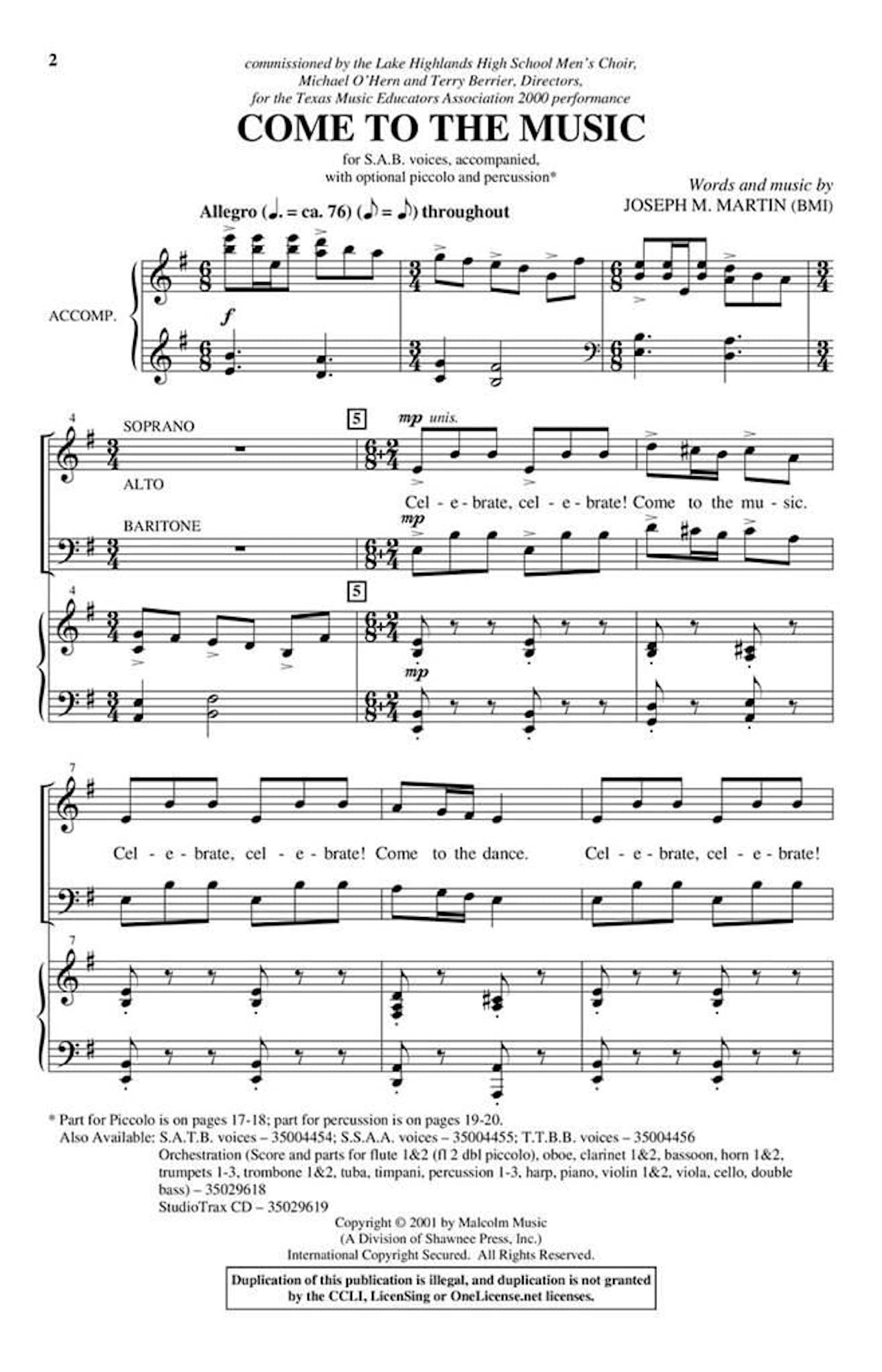 Come to the Music M. Martin Joseph Partition Chœur