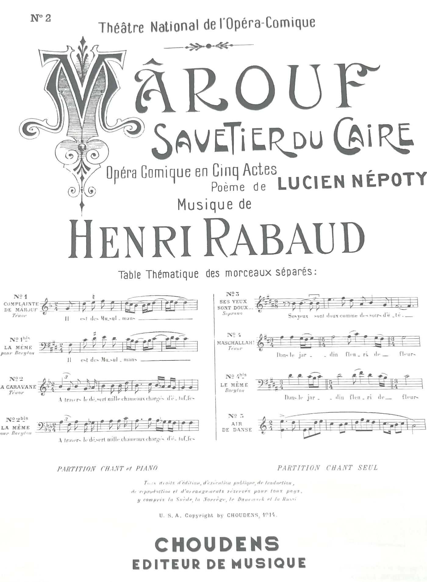 La Caravane. Marouf, Savetier du Caire Henri Rabaud Partition Opéras