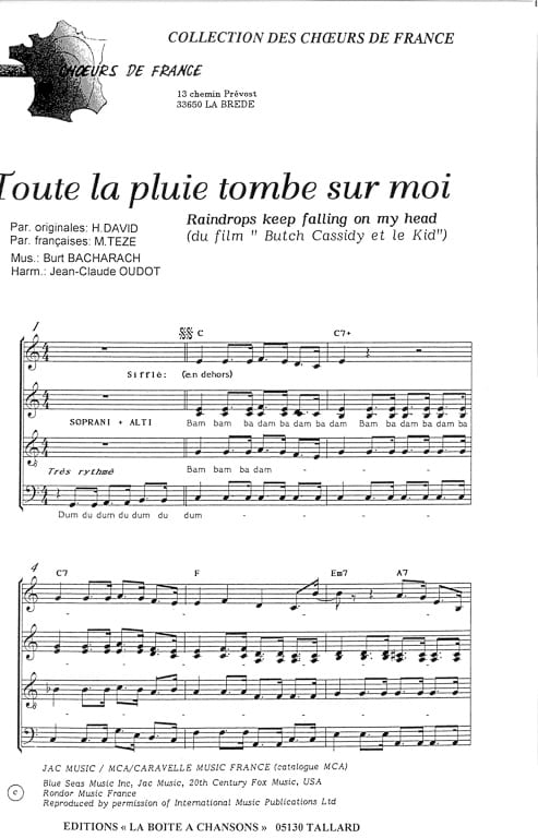 Toute la pluie tombe sur moi - Burt Bacharach - Partition - Chœur
