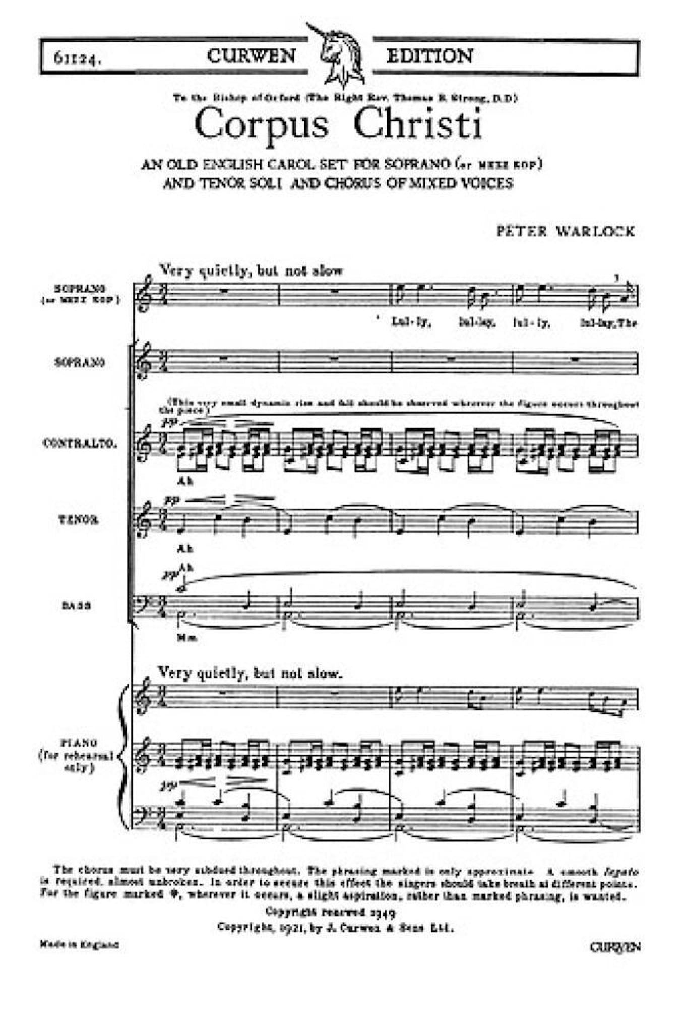 Corpus Christi Peter Warlock Partition Chœur