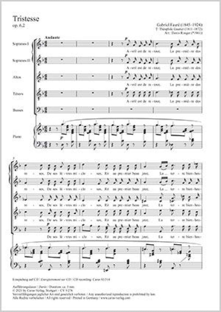 Tristesse - SSATB FAURÉ Partition Chœur