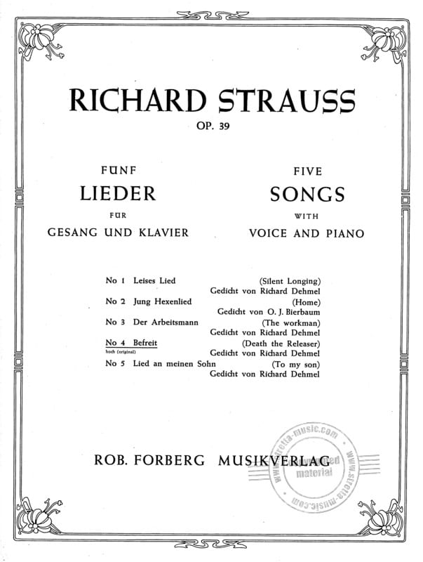 Befreit Opus 39-4. Voix Haute Richard Strauss Partition Mélodies
